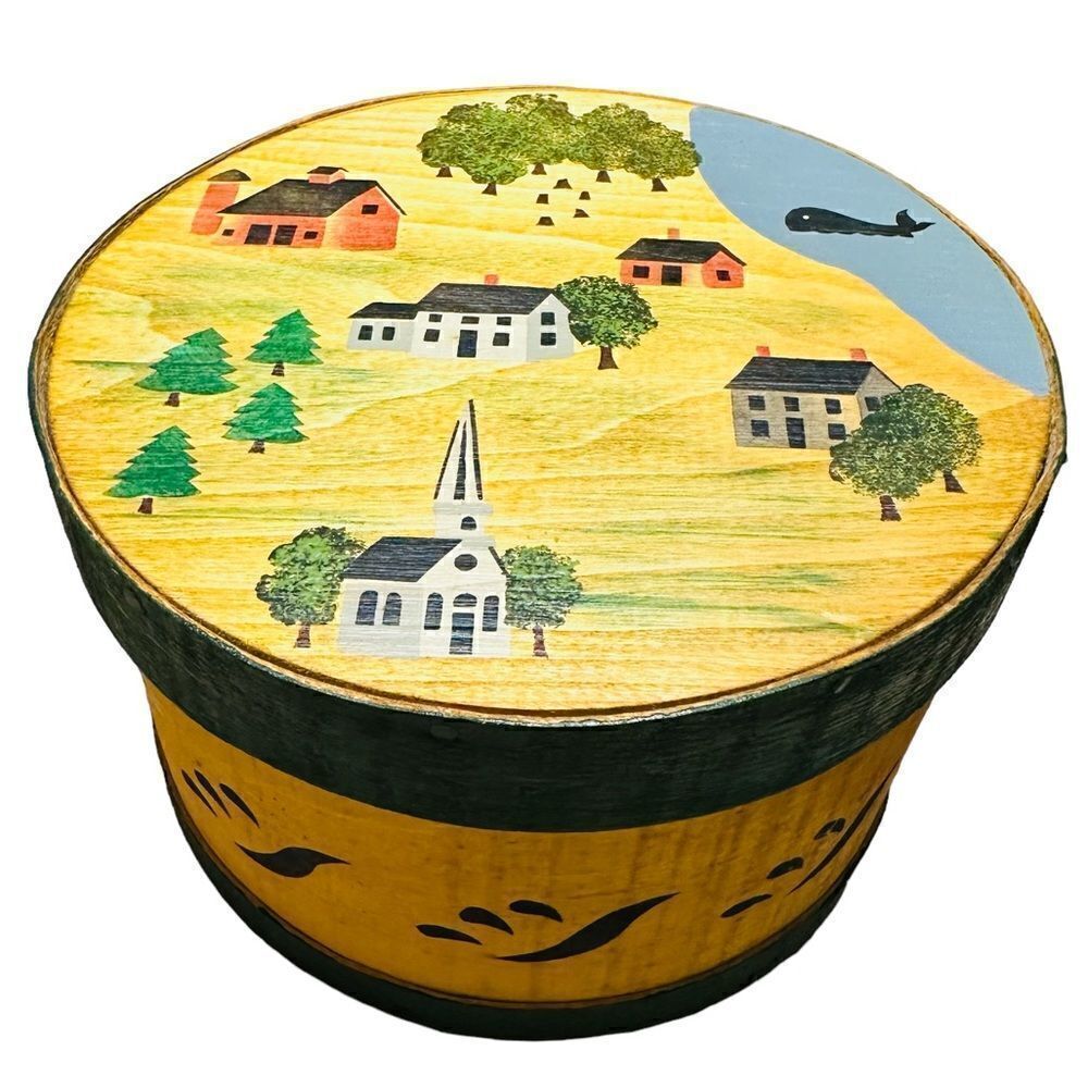 Vintage Folk Art Hand Painted Round Wooden Trinket Box, Little Rest Farm